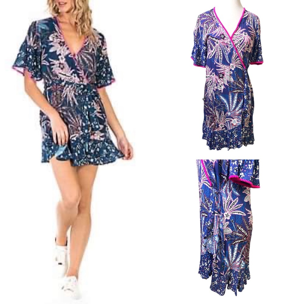 NWT Banjara navy tropical wrap dress. Ruffled bottom. Super cute and soft.